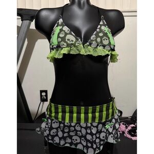 Green and Black Skull Print Lingerie Set